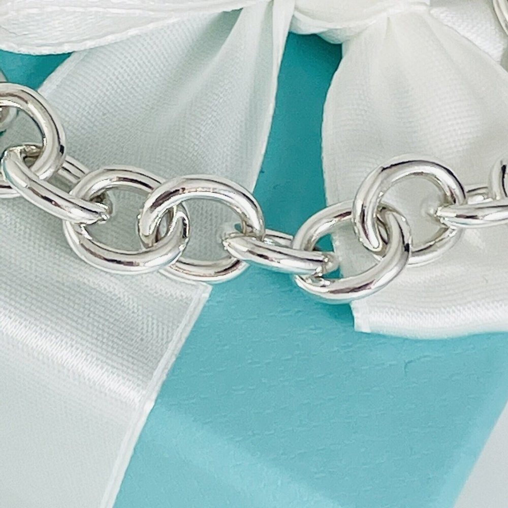 7.5" Tiffany & Co Classic Blank Heart Tag Charm Bracelet in Sterling Silver - Picture 5 of 7